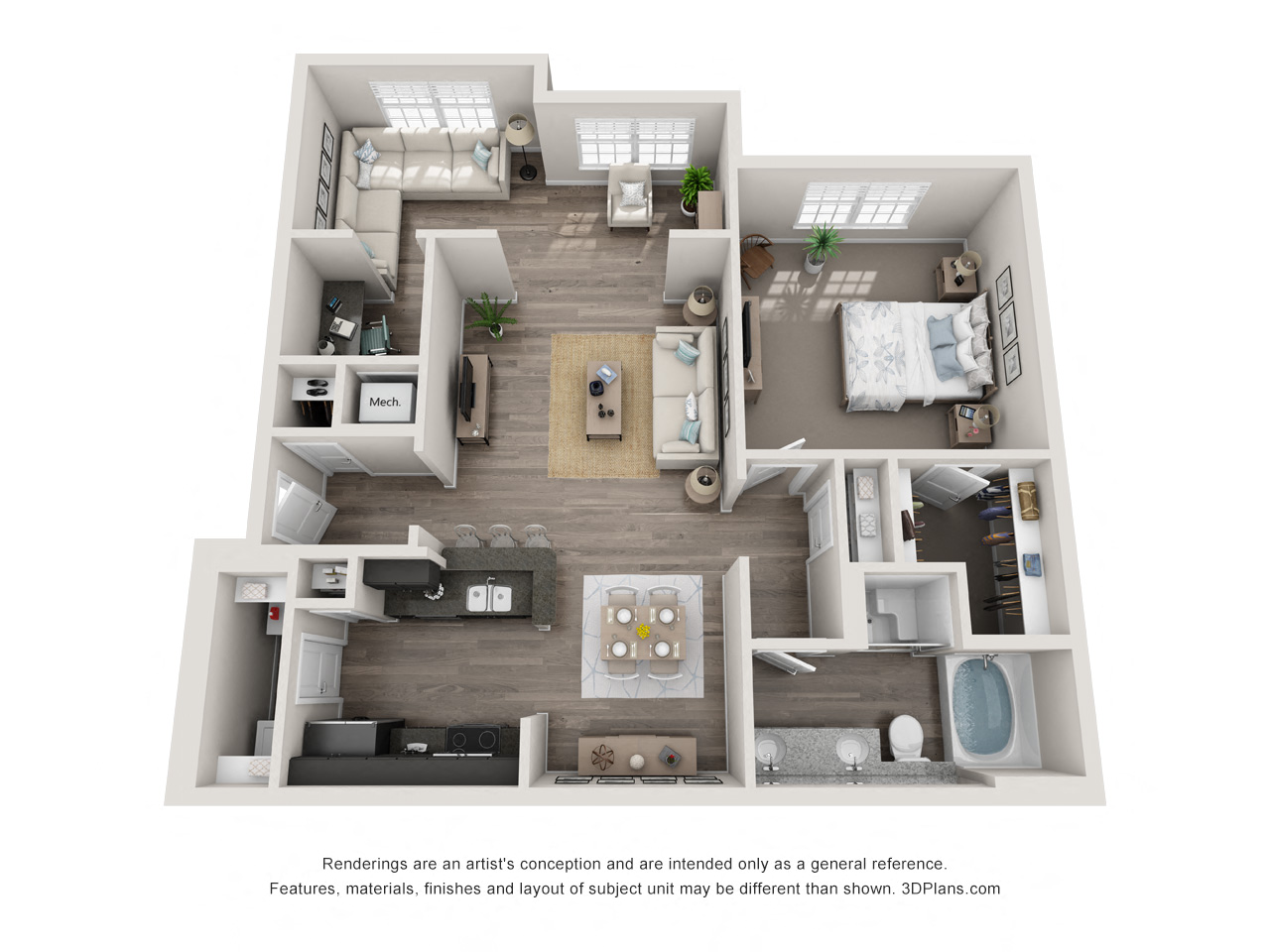Floor plan for 1 bed, 1 bath, 1075 sqft